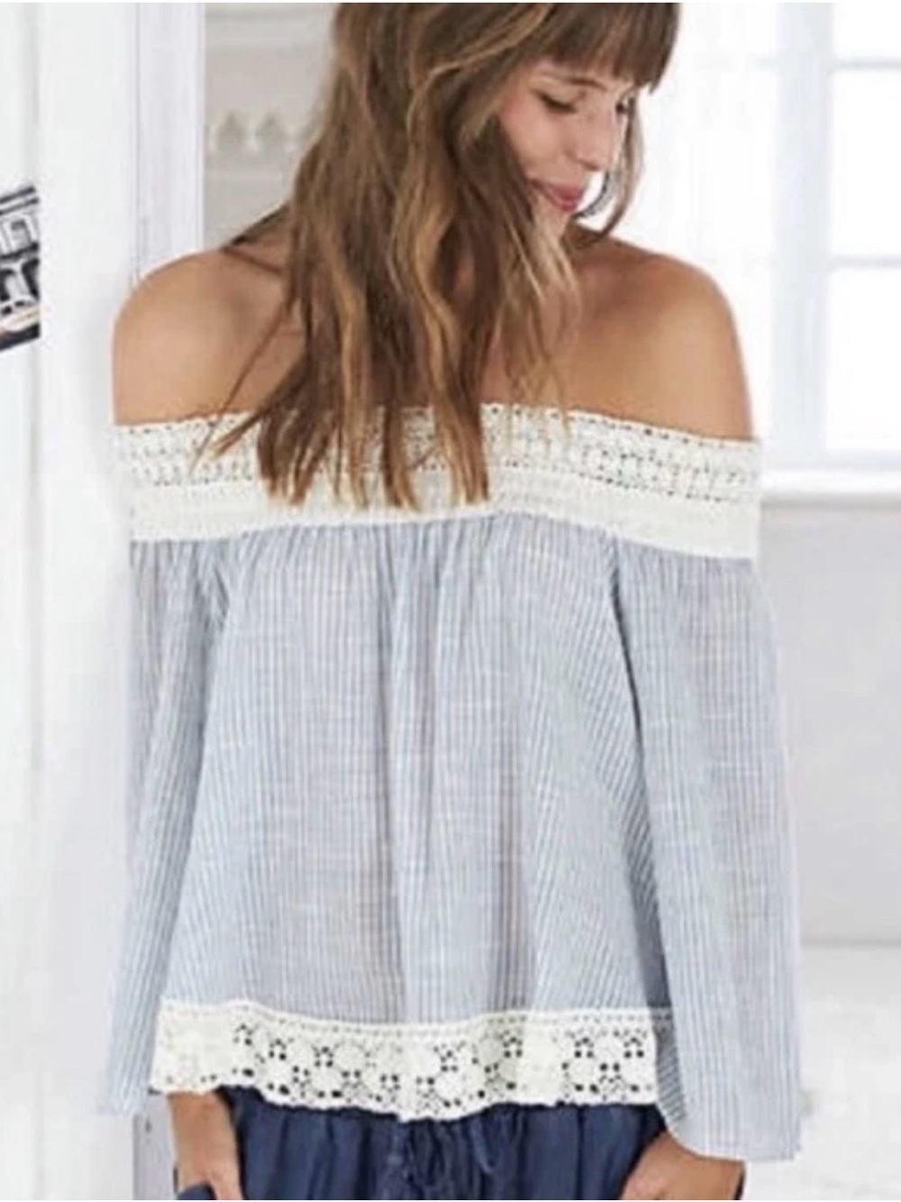 Aerie Pinstripe Blue & White Crochet Lace Off Shoulder Blouse Top XXS NEW 1256